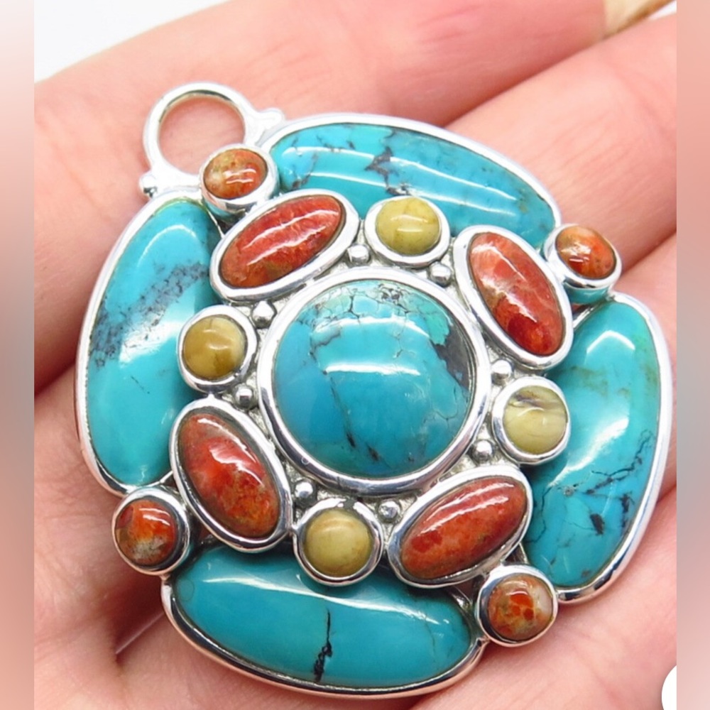 925 Sterling Silver Vintage BARSE Real Turquoise & Jasper Gemstone Pendant